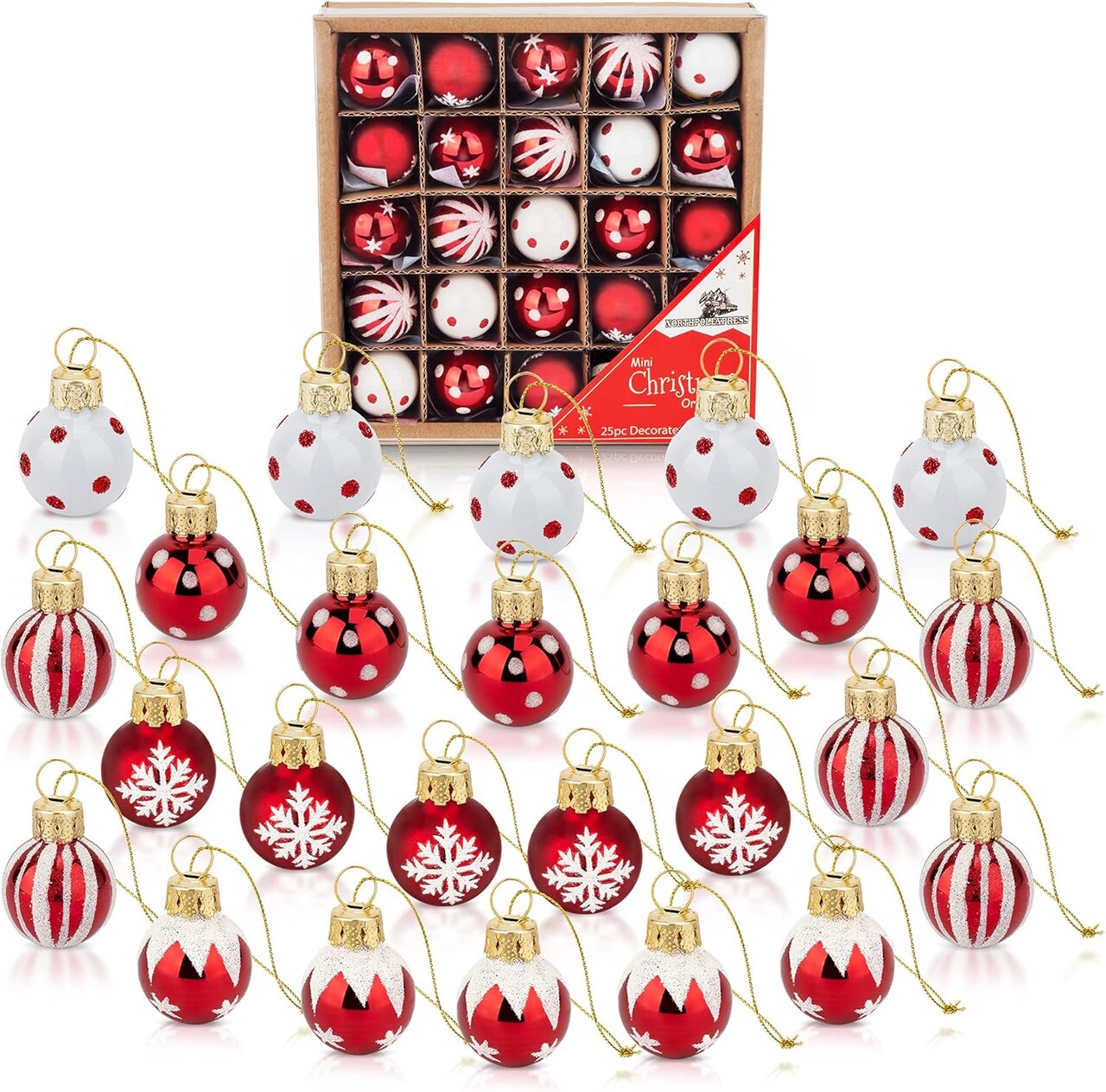 1 Inch Mini Red & White Peppermint Glass Ball Christmas Ornaments Set of 25 Balls | Miniature Christmas Tree Ornaments |